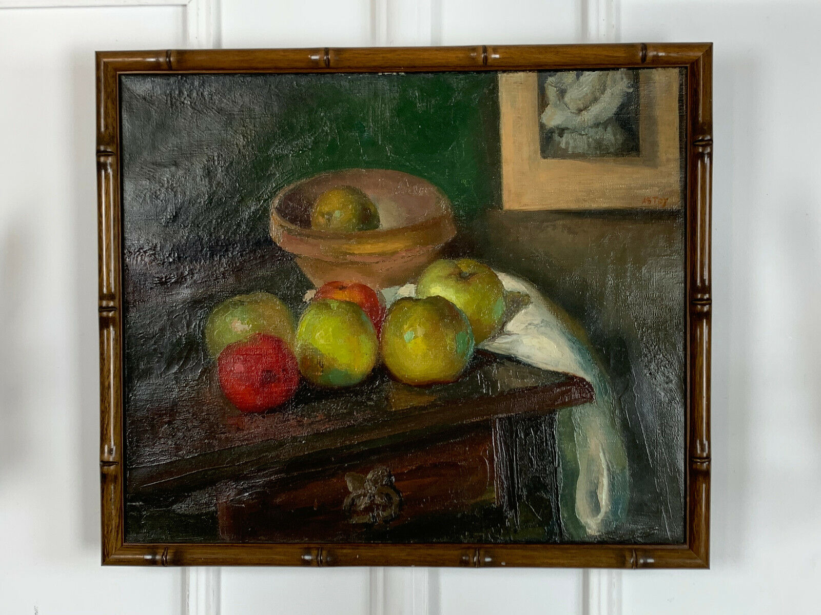 Painting, oil on canvas, still life with apples with bamboo frame