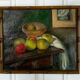 Painting, oil on canvas, still life with apples with bamboo frame
