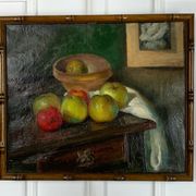Painting, oil on canvas, still life with apples with bamboo frame