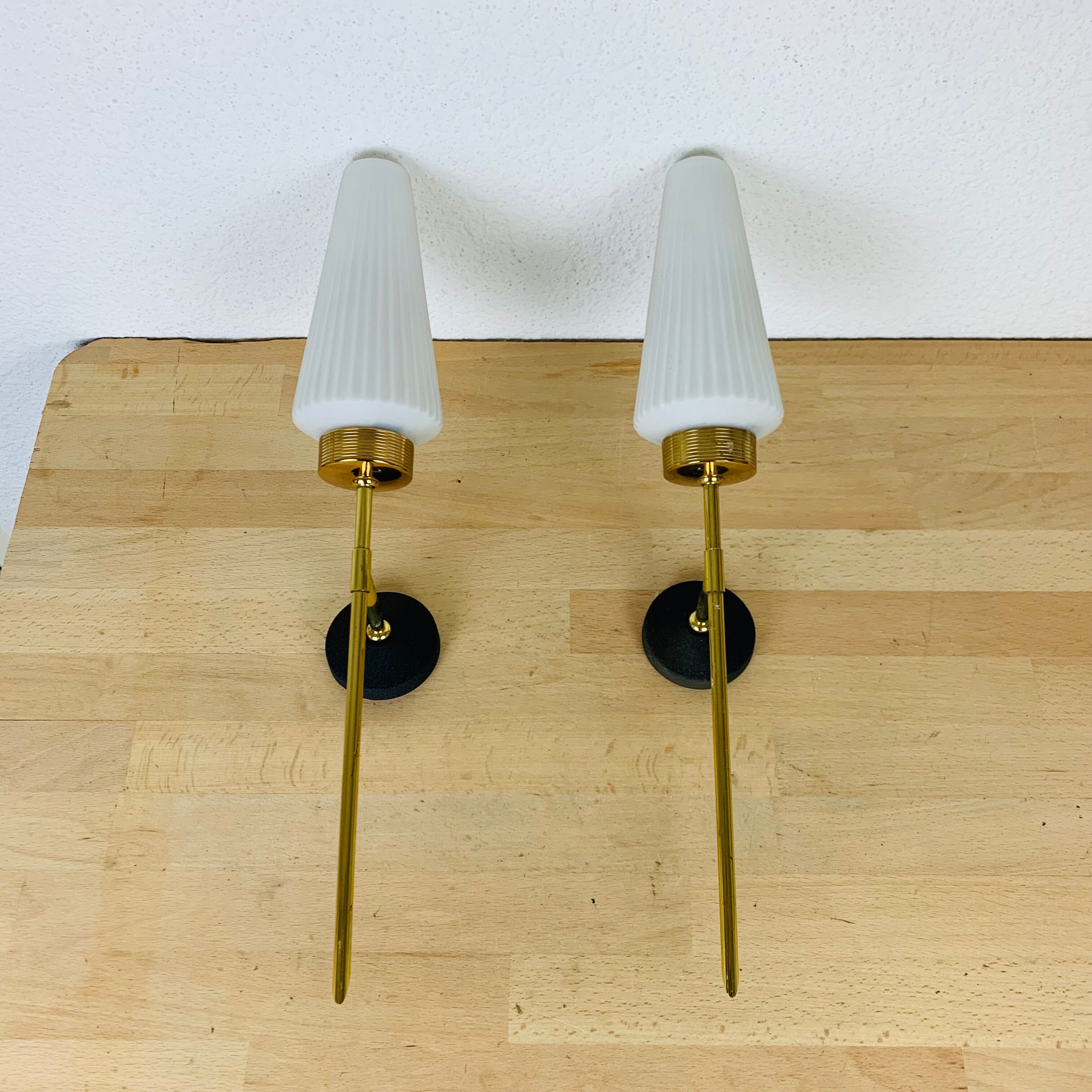 Pair of brass and opaline Lunel sconces, Arlus 50s
