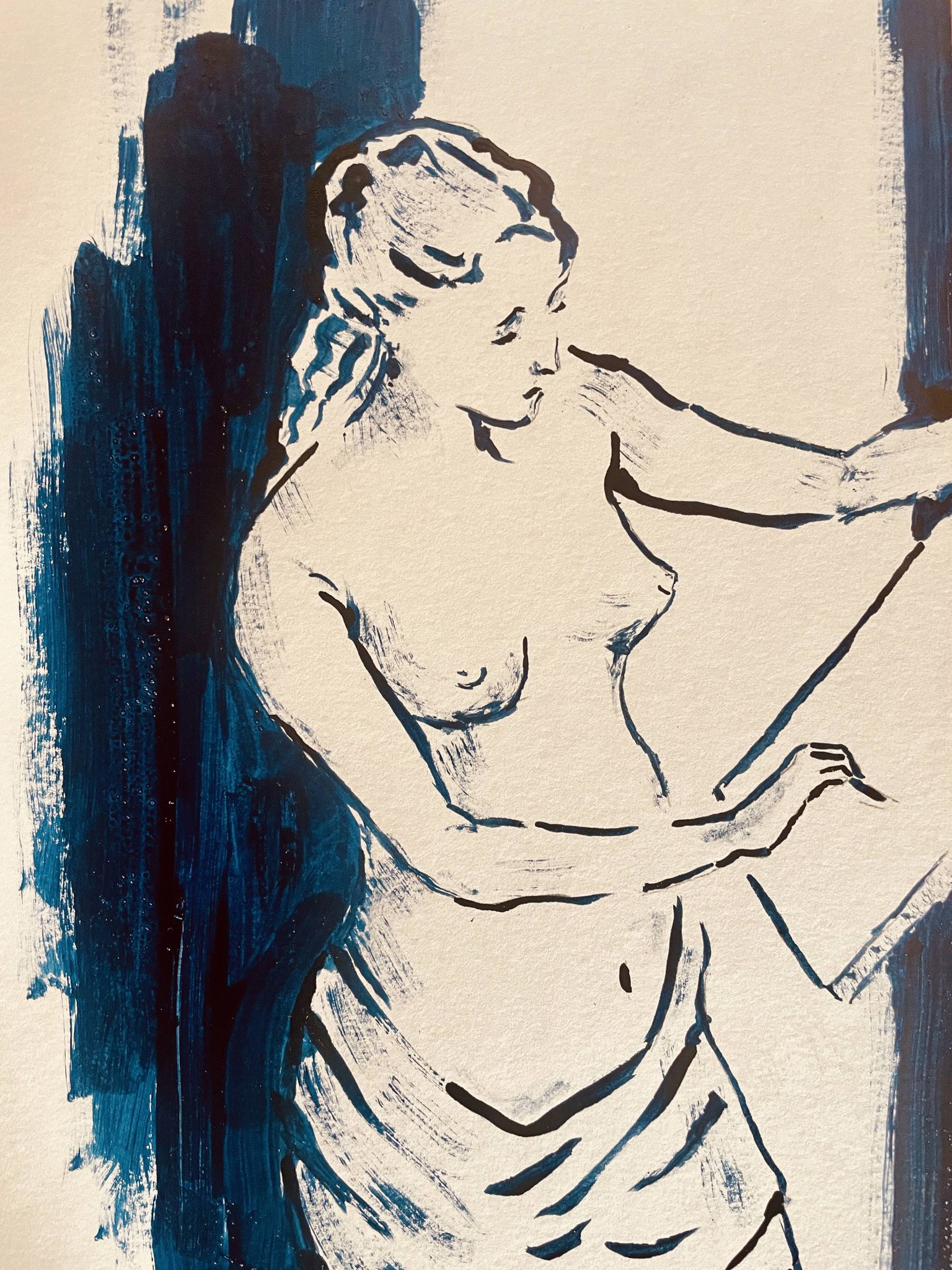 Painting in indigo blue "female model drawing in the studio"