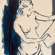 Painting in indigo blue "female model drawing in the studio"