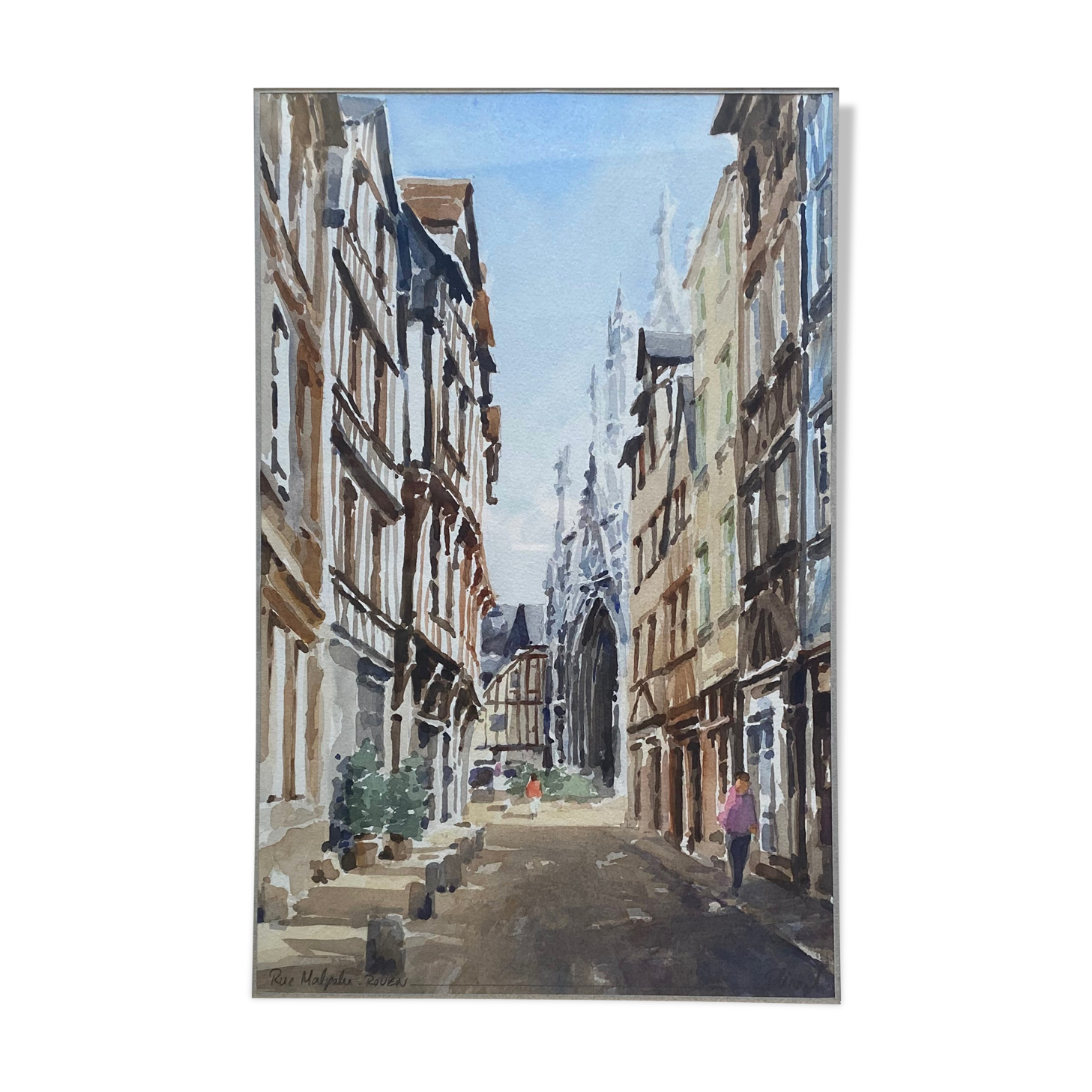 Watercolor painting "Rue Malpalu animated" in Rouen, titled and signed