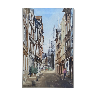 Watercolor painting "Rue Malpalu animated" in Rouen, titled and signed