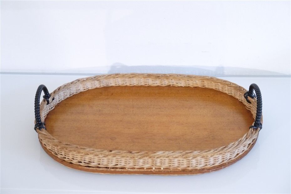 Vintage Scandinavian teak and rattan tray 1960