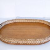 Vintage Scandinavian teak and rattan tray 1960