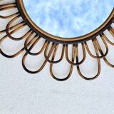 Round mirror flower sun in smoked rattan wicker vintage 1960 1970 47 cm folk