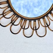 Round flower sun mirror in smoked wicker rattan vintage 1960s 1970s 47 cm folk
