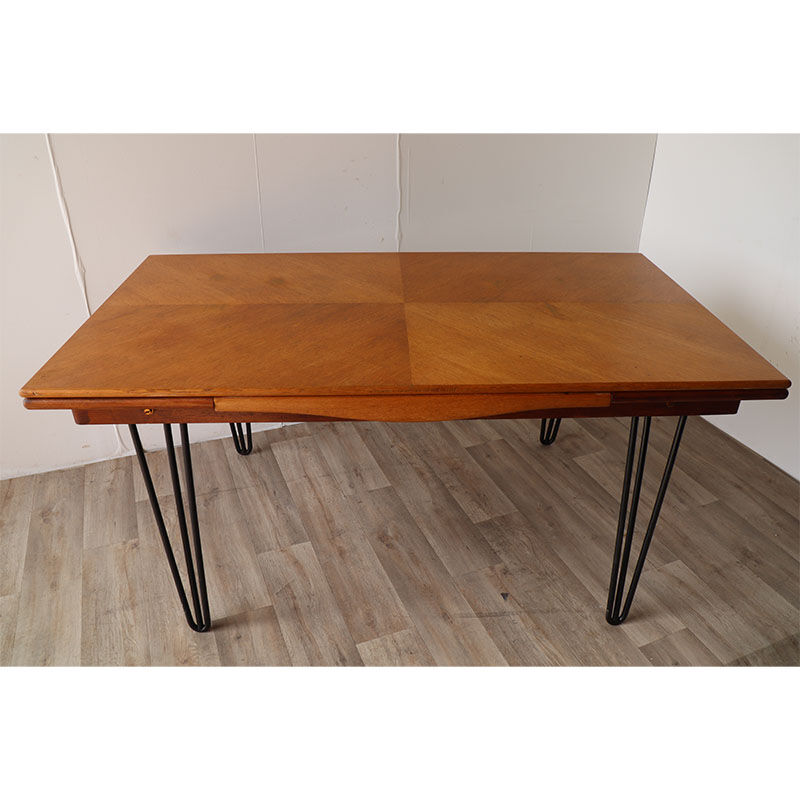 Vintage extendable dining table in wood and metal base, 1950