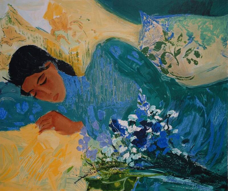 Lithograph "Gentleness, Young Woman Asleep" signed Nancy Delouis