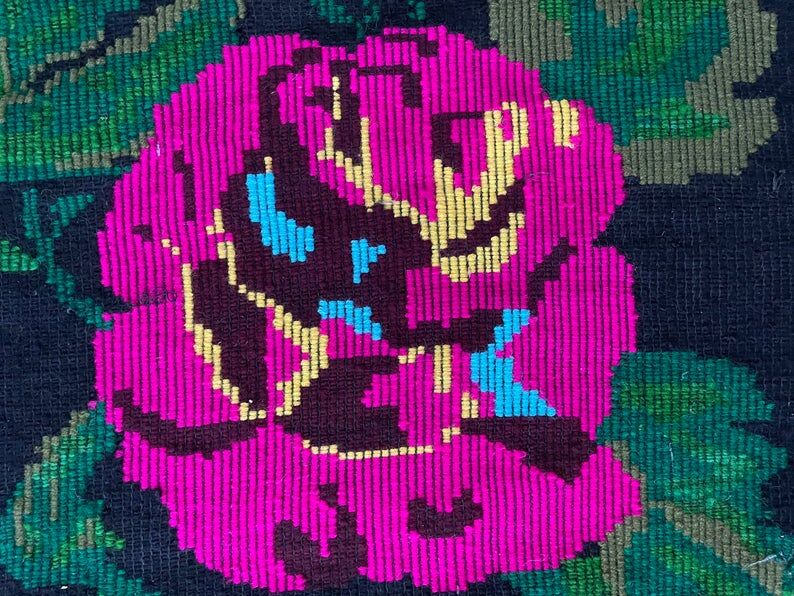 Handwoven Romanian rug with colorful bohemian floral design 294x146cm