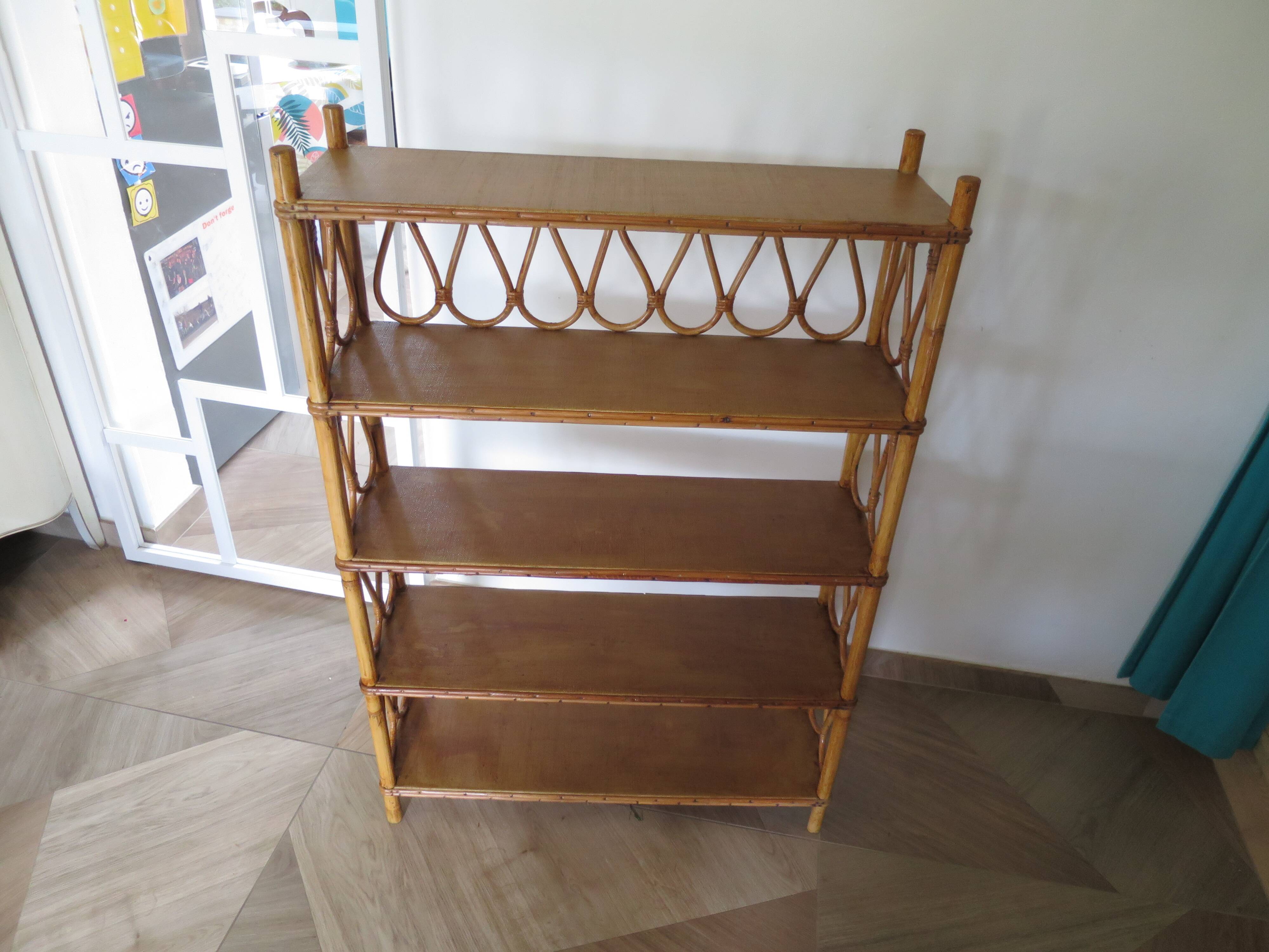 Wooden and rattan bookcase, 1970s-1980s