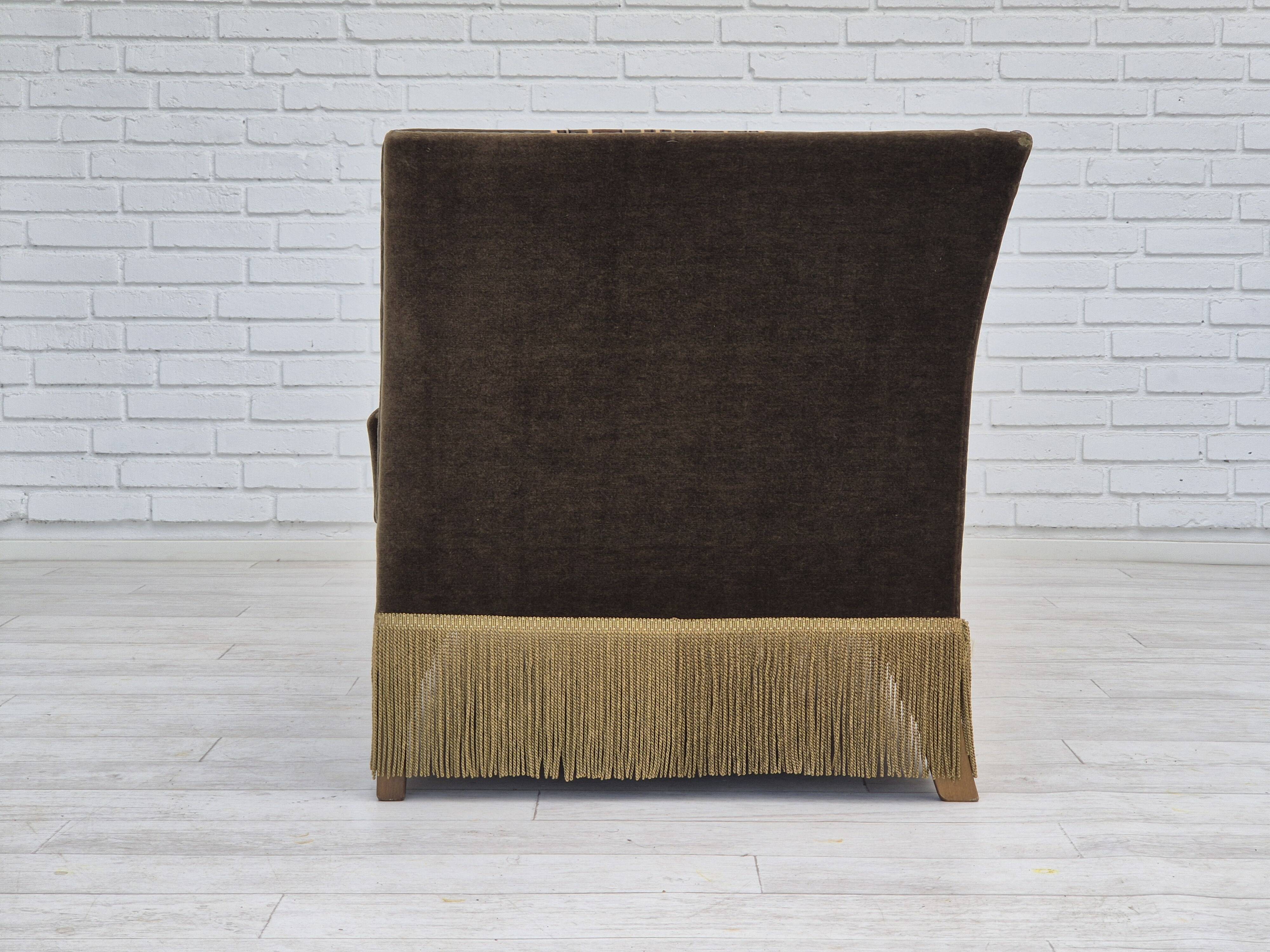 1970s, Danish 2 seater sofa, original condition, green velour, beech wood legs.