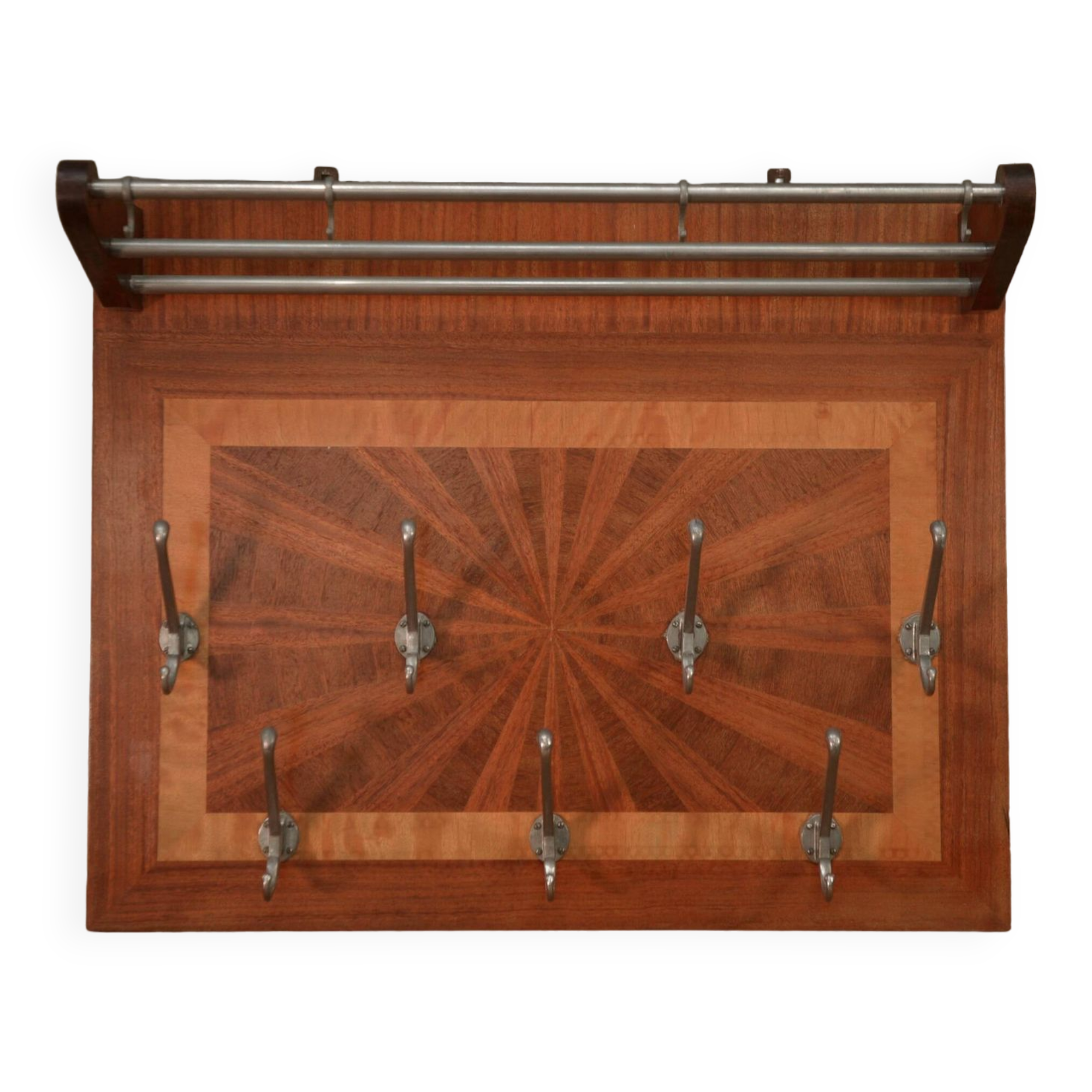 Art Deco marquetry and aluminum wall coat rack