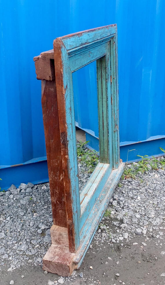 Vintage blue Indian mirror 92x92cm