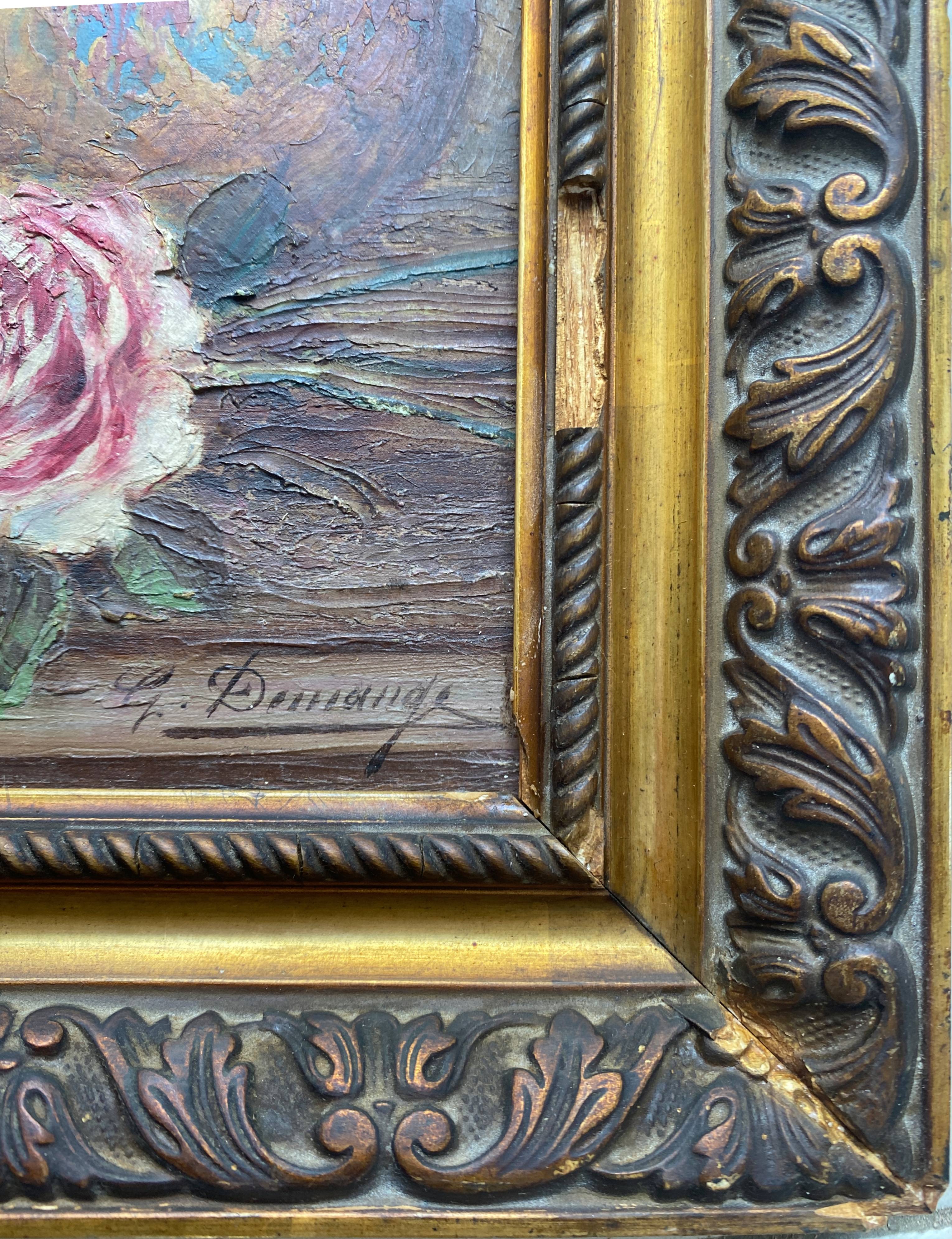 Painting "Bouquet of roses in the vase" signed G. Demange early XX° + frame