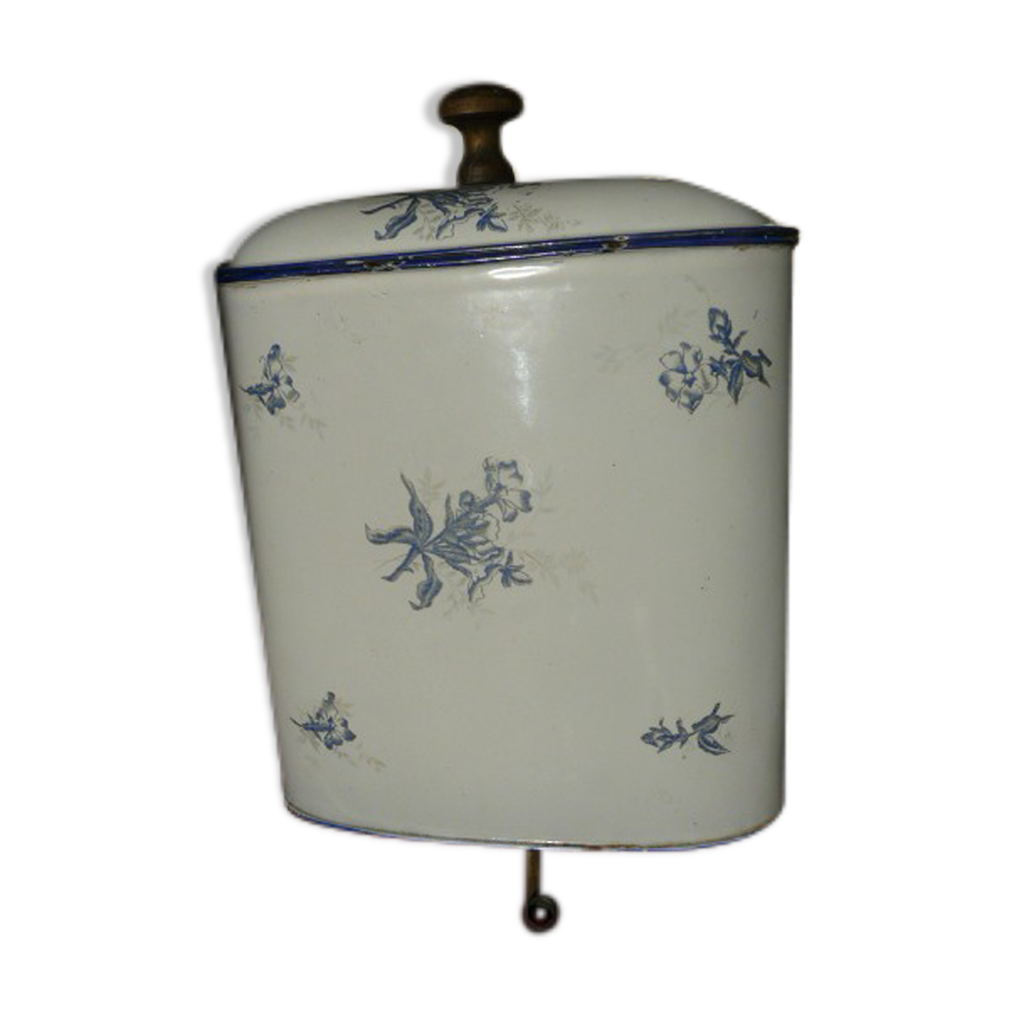 Fontaine murale en tôle émaillée décor de fleurs bleues sur fond blanc