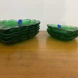 Set of 7 Vintage Green Leaf Shape Blown Glass Coupe Plates #C053