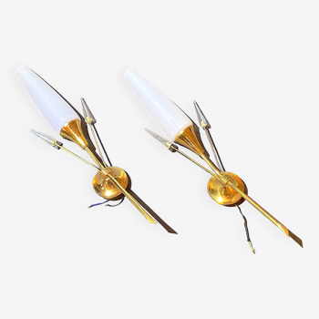 Pair of brass and opaline sconces, Maison Arlus, France, Mid-Century