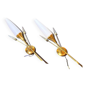 Pair of brass and opaline sconces, Maison Arlus, France, Mid-Century