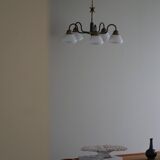 A modern Danish chandelier with 5 heads in opaline glass and brass, Art Deco, 1940s.