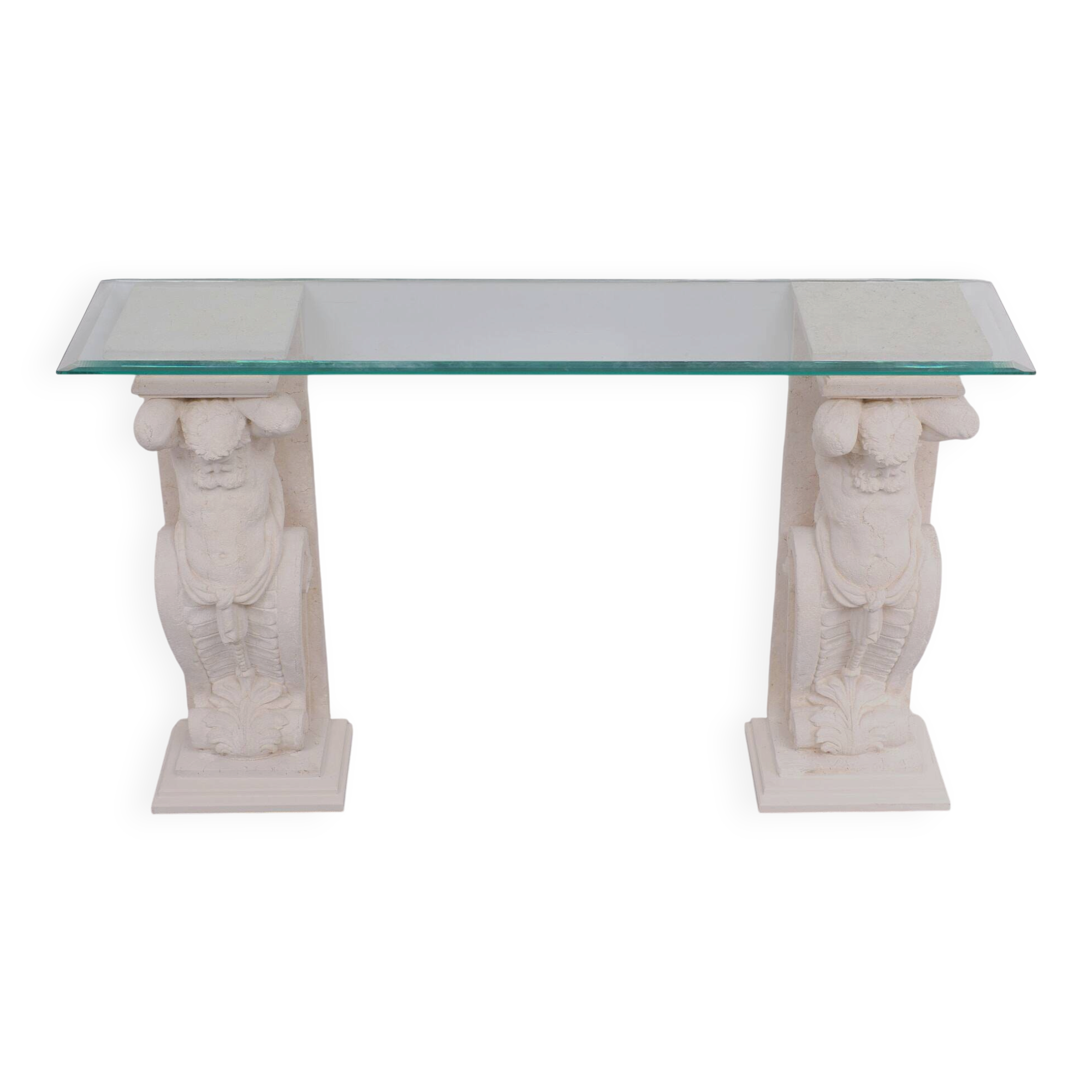 1970s Classic Greek Console Table with Cast Stone and Glass Top