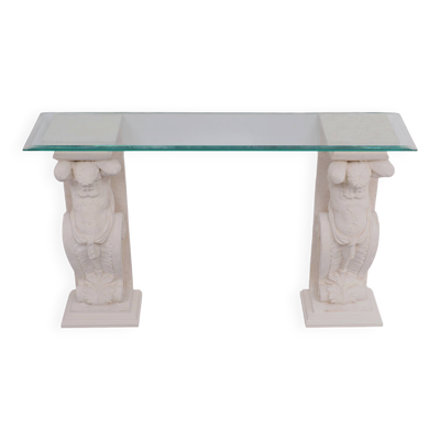 Table console grecque classique des années 1970 avec plateau en pierre reconstituée et en verre.
