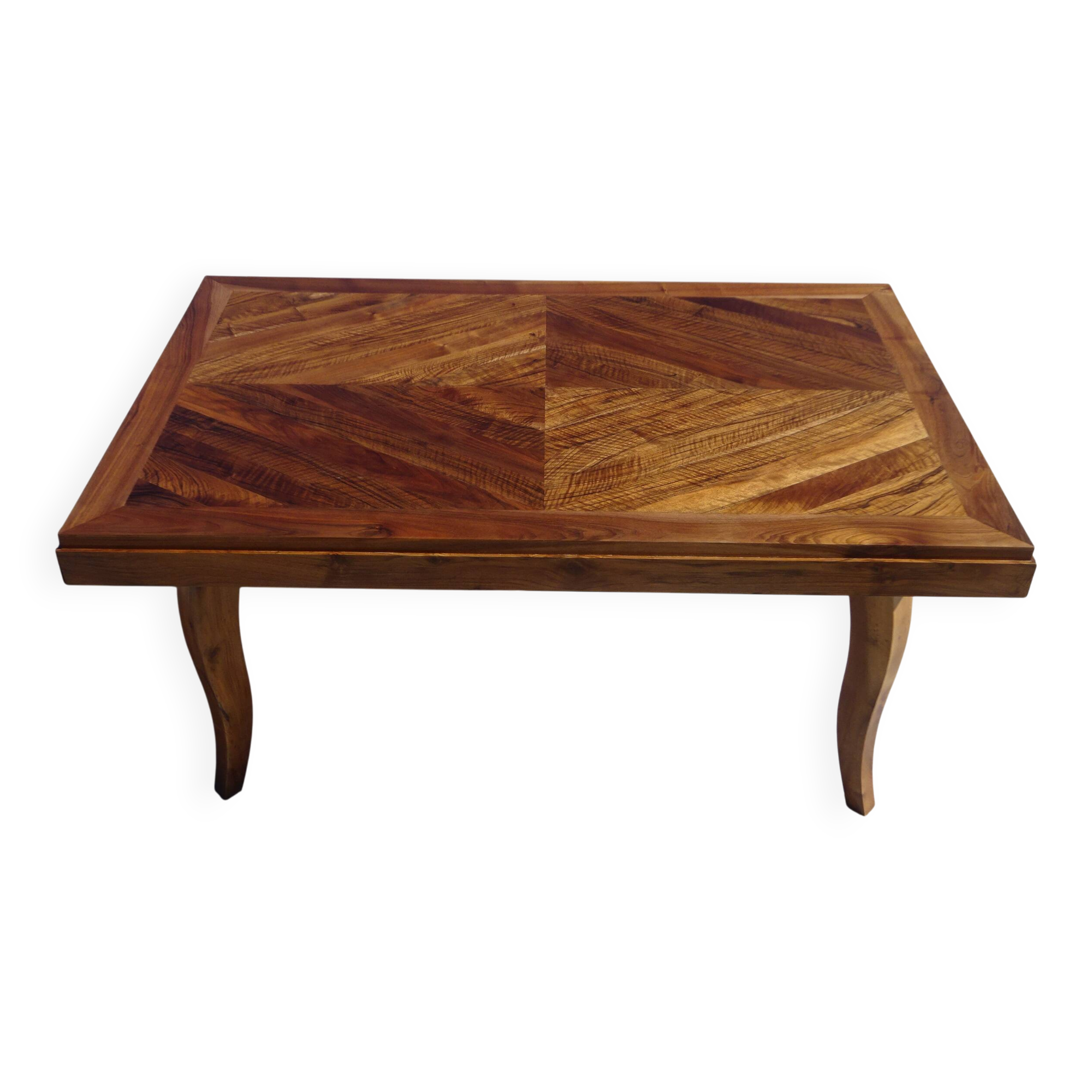 Walnut table with wood marquetry, 2 extensions.