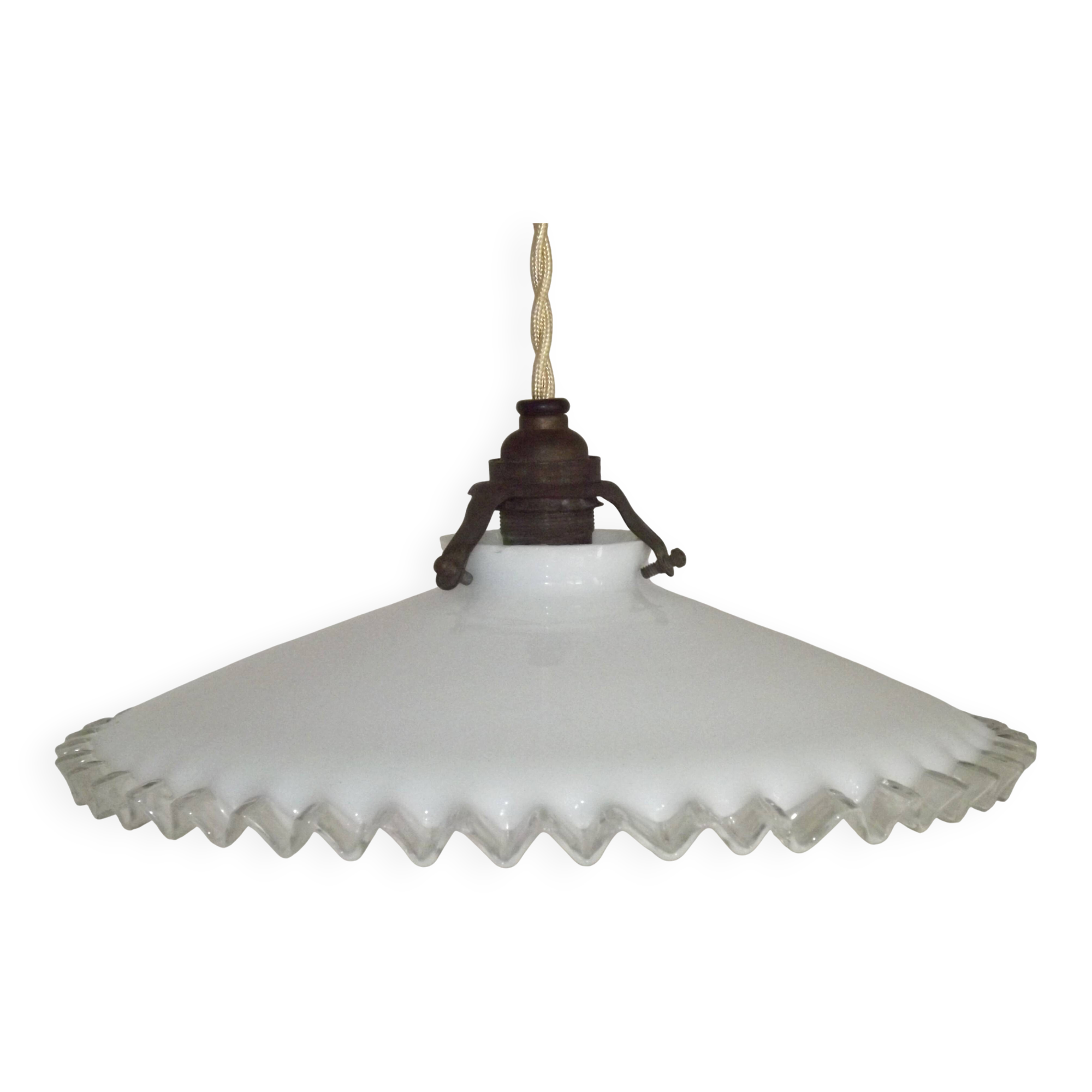 Vintage French Art Deco White Opaline Glass Pendant Light with Frilled Edge 5563