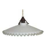 Vintage French Art Deco White Opaline Glass Pendant Light with Frilled Edge 5563