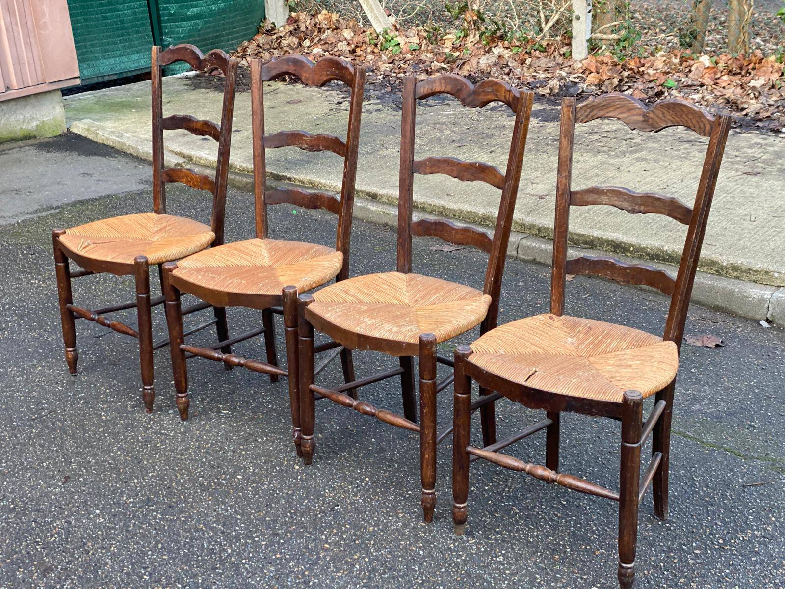 4 Provençal chairs, solid dark oak with rush seats.