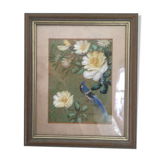 Tableau aquarelle fleurs et oiseau