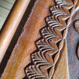 Antique carved wooden tray with openwork handles and edges