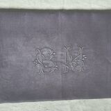 damask tablecloth 160x230 monogrammed BM dyed in dark gray