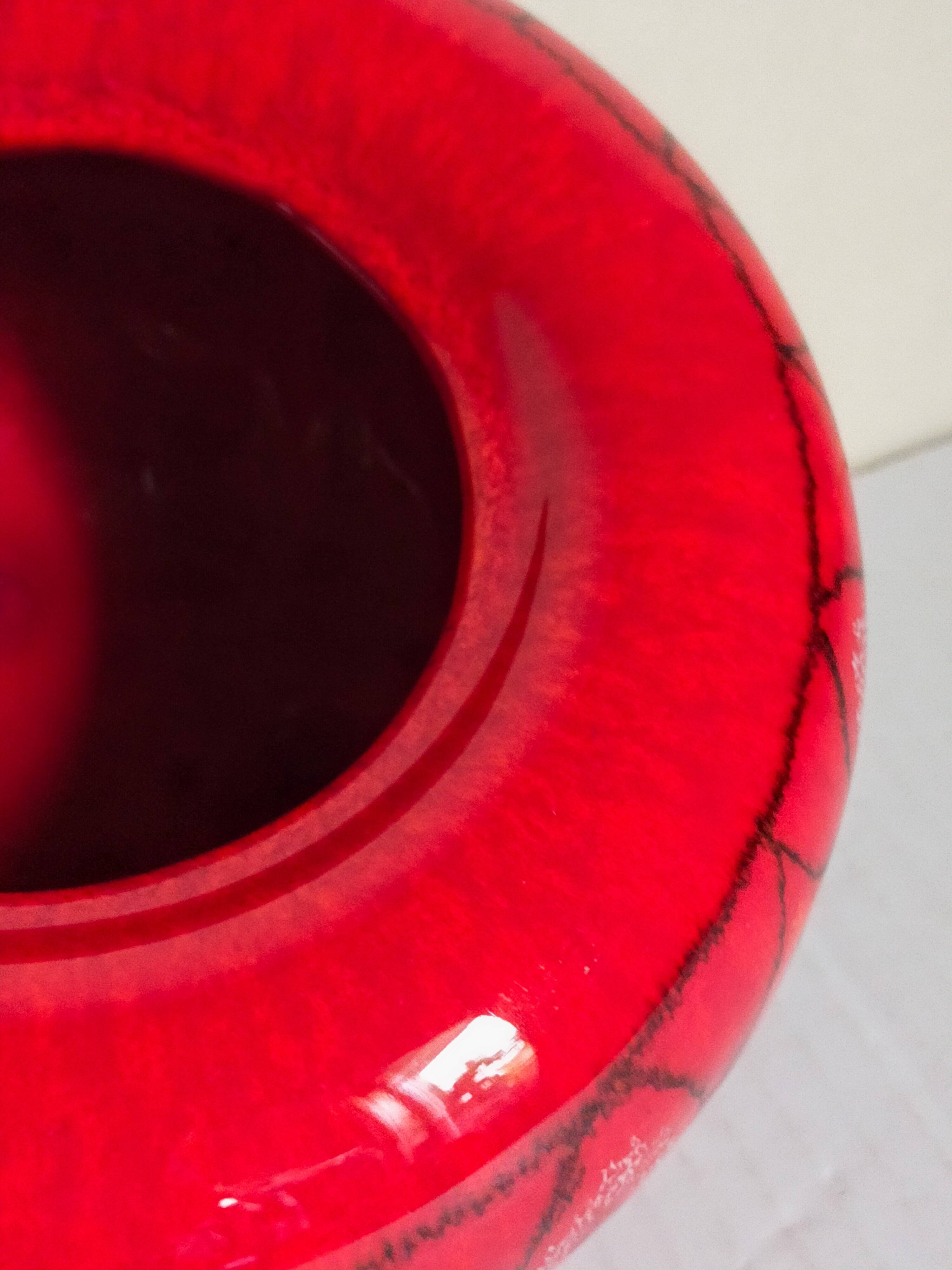 Vintage bright red enamel ceramic tripod vase