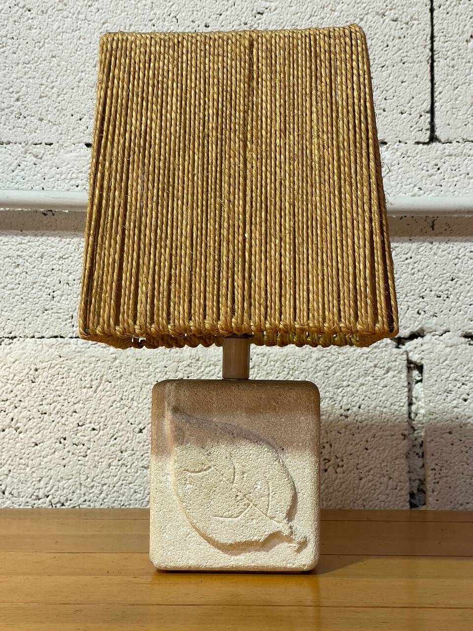 Vintage stone lamp with a cord lampshade from the 1970s.