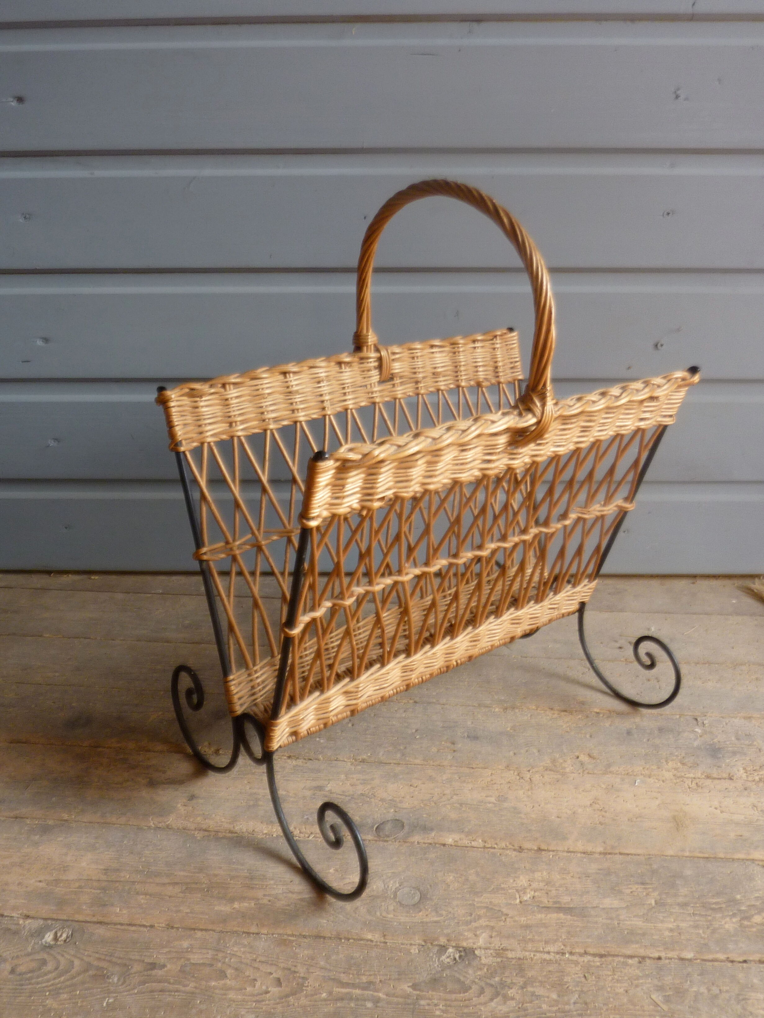 Metal and rattan magazine holder, 1960s