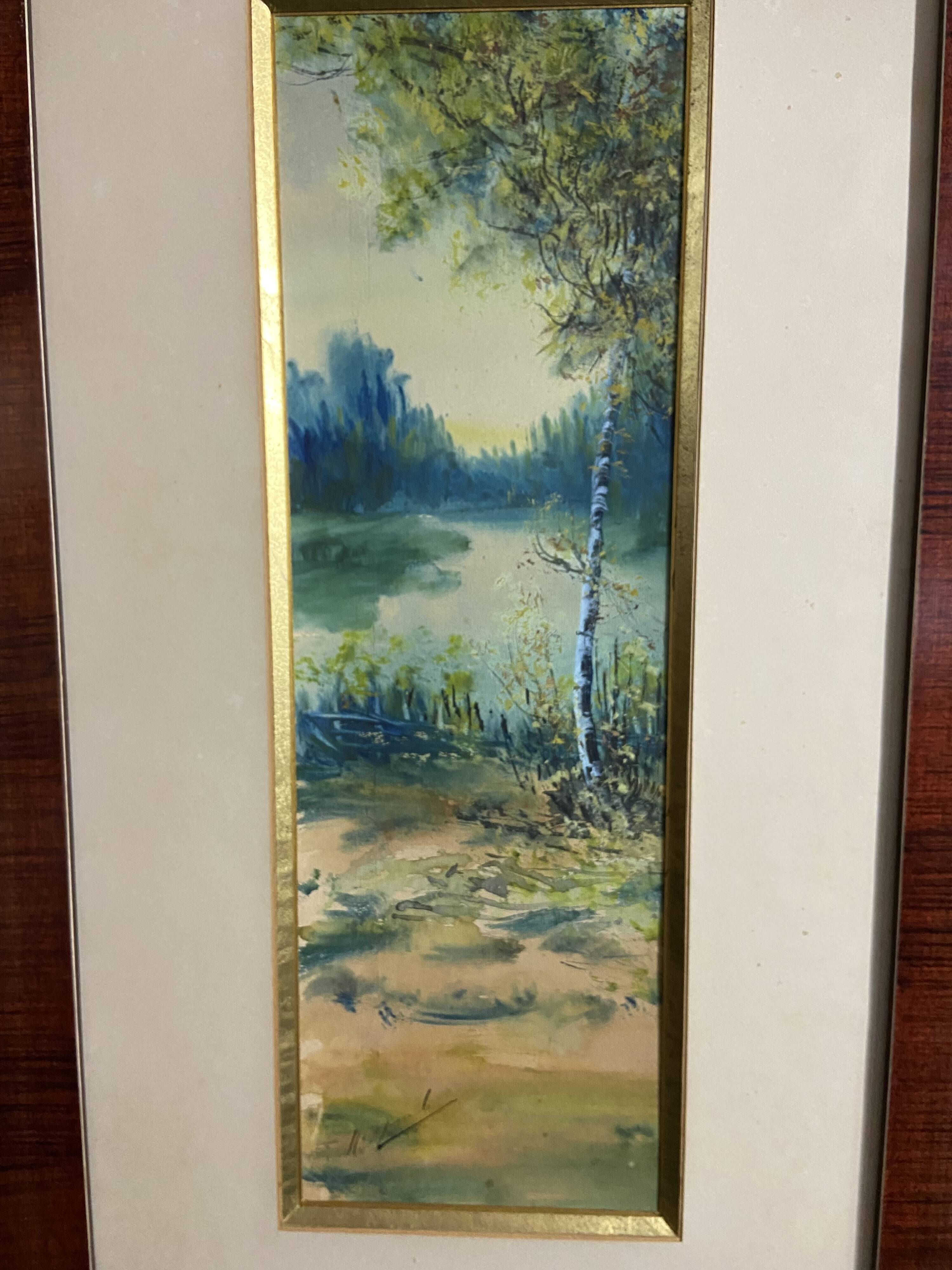 Large watercolor from the early 20th century, signed landscape of a wooded river bank