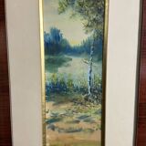 Large watercolor from the early 20th century, signed landscape of a wooded river bank