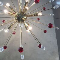 Transparent and red “star” chandelier in sputnik murano glass