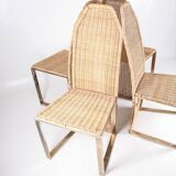 Set of 4 vintage chairs in gilded metal and wicker