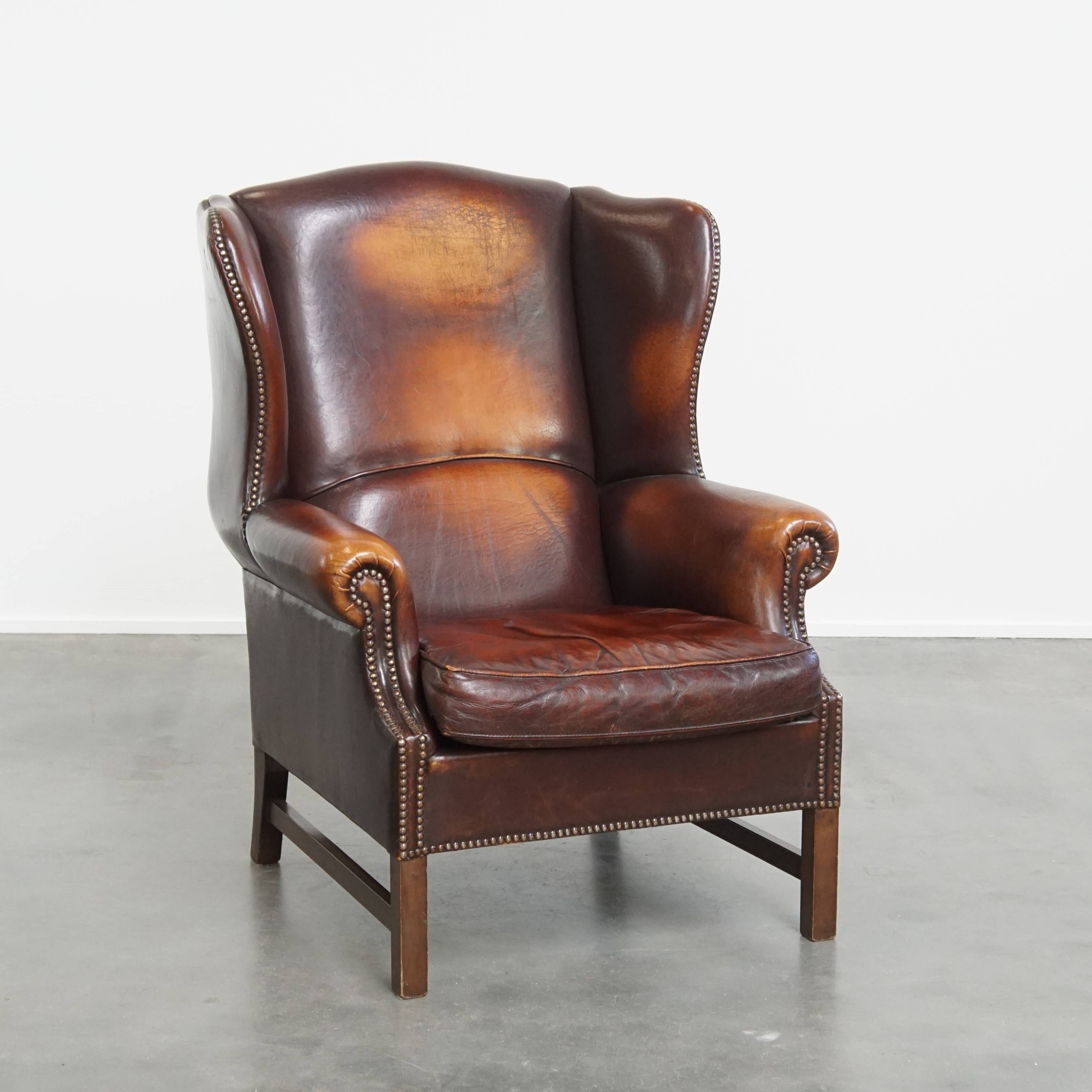 Dark English-Style Sheepskin Wingback Chair