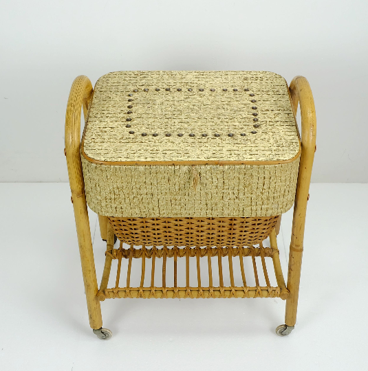 1950s mid century bamboo rattan wicker sewing box or knitting basket