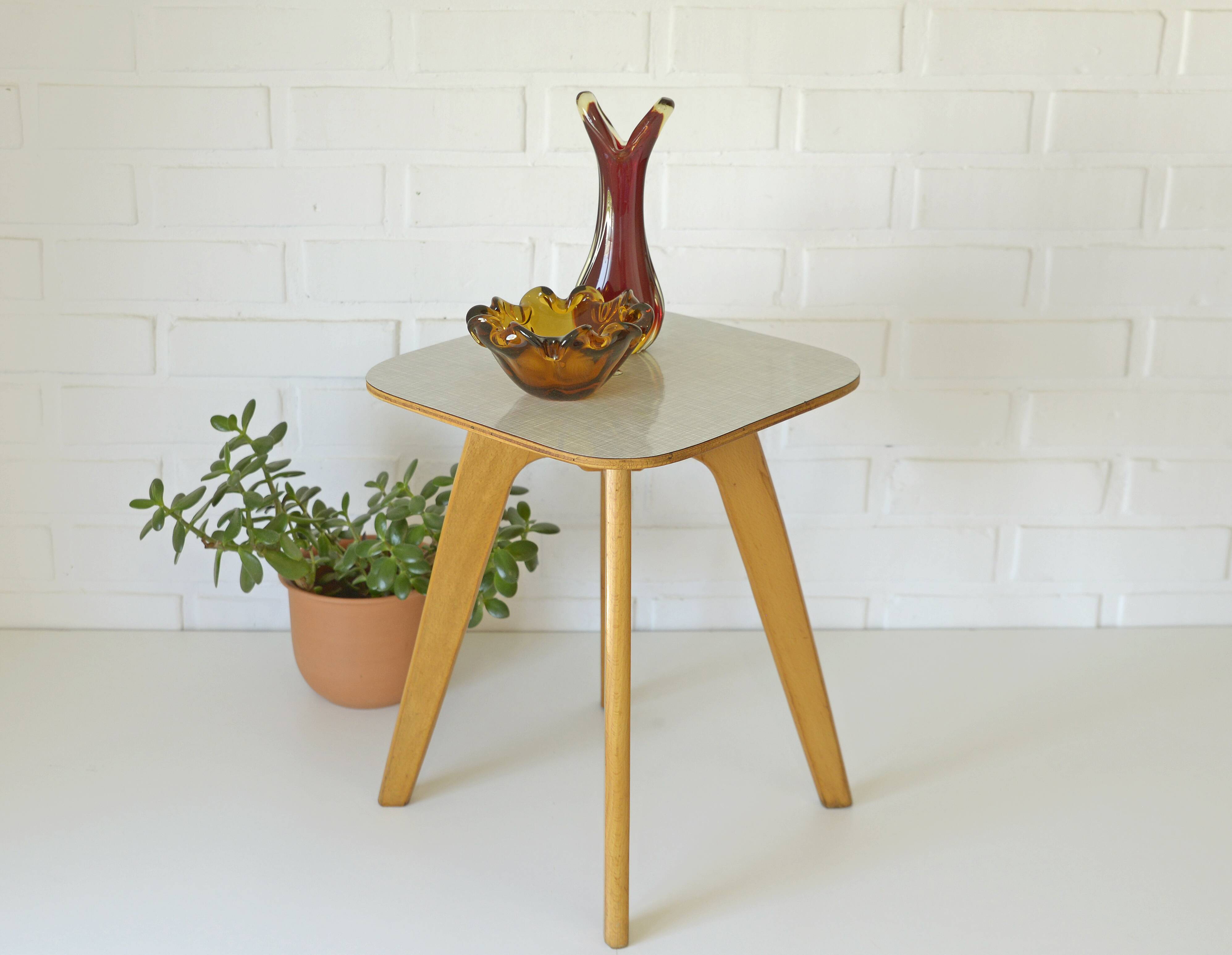 Vintage kitchen wooden stool mid-century modern side table 1950s