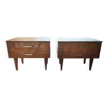 Pair of modernist bedside tables in veneered wood, 1950s-60s
