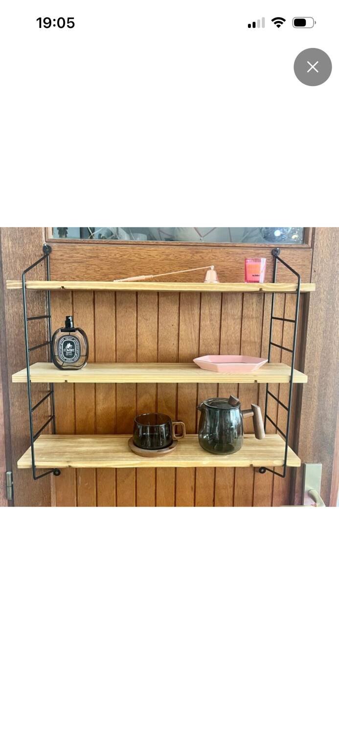 Modular wire shelf string wood and metal