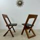 2 old folding chairs in wood and leather, postmodern design from the 80s vintage