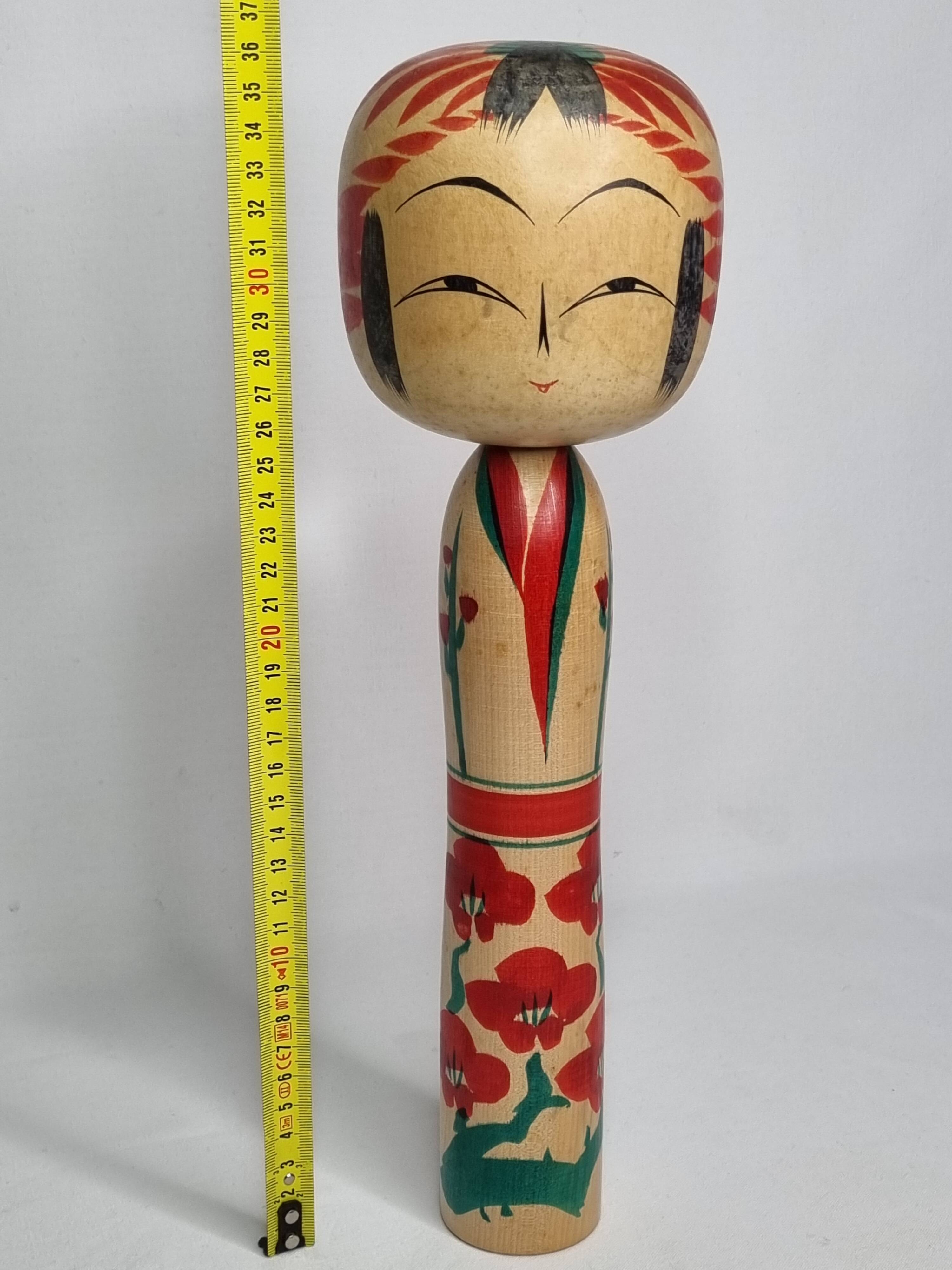 Vintage Japanese Kokeshi doll dated 1987, signed and numbered, floral decoration, 36 cm