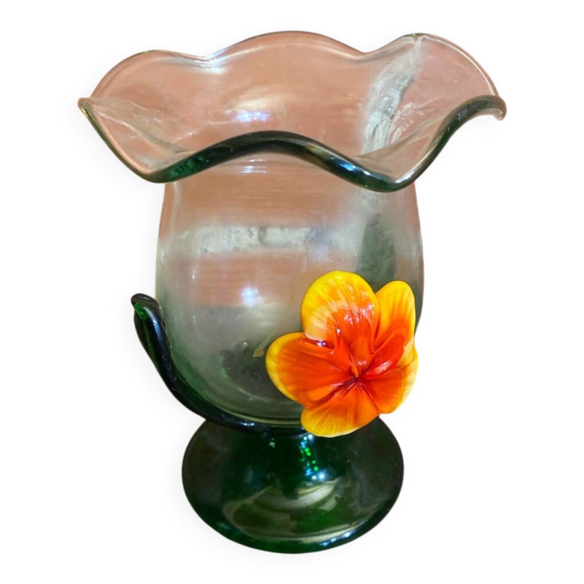 Vintage Murano Glass Vase with Orange and Yellow Flower Decoration, Italy