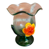 Vase ancien en verre de Murano soufflé décor de fleur orange et jaune, Italie